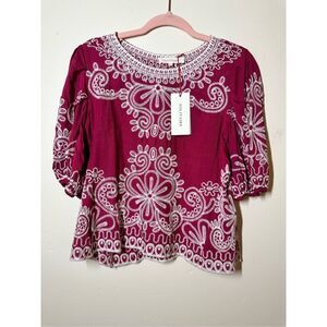Solitaire Maroon and White Embroidered Puff Sleeve Top Size Small New